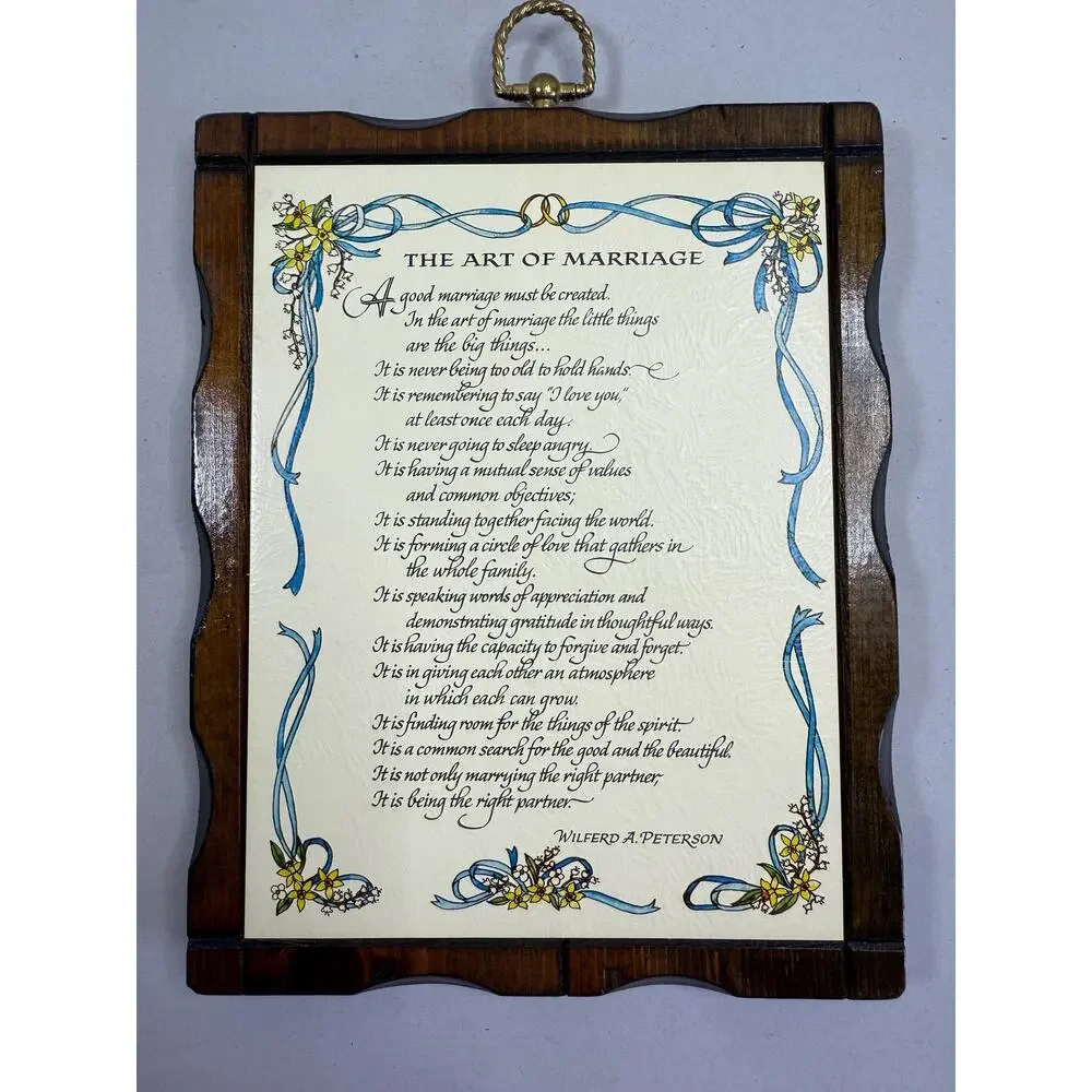 Vintage Art of Marriage Wood Plaque, Wilford Peterson Poem, 1970s Wedding Gift